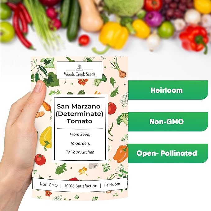 Woods Creek Seeds: San Marzano Tomato Seeds for Planting - Heirloom Tomato Seeds for Planting Outdoors, Indoors, Patio or Home Plant Garden - Non-GMO Seed Pack of Tomatoes for Italian Paste Variety