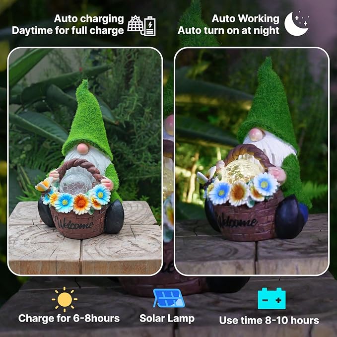 Garden Gnome Statues Decor with Solar Lights, Outdoor Decorations for Yard Porch Lawn Balcony Patio, Housewarming Gifts