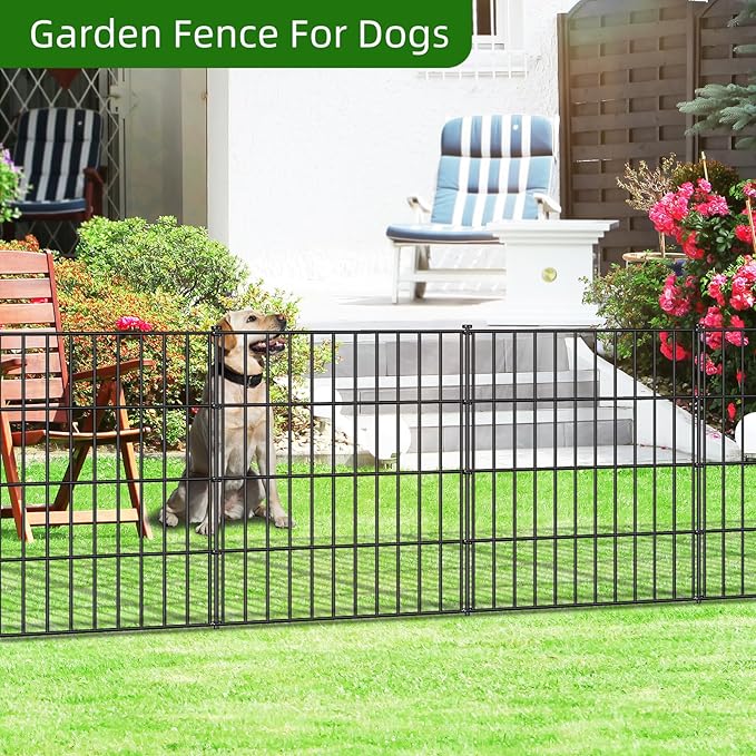Metal Garden Fence 28in (H) x 23.3ft (L), 10 Panels + 11 Stakes Dog Fence Border Fence Animal Barrier, No Dig Garden Fencing for Yard Flower Bed Lawn Patio Outdoor, PIN282810 Black
