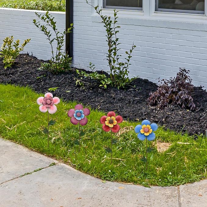Veclotch 4Pcs Metal Flower Garden Stakes, 16"" H Rustic Flowers Yard Stake Decorative Spring Outdoor Garden Decor Planter Flower Pot Metal Flower Stick for Patio,Lawn,Yard,Pathway (Flower)