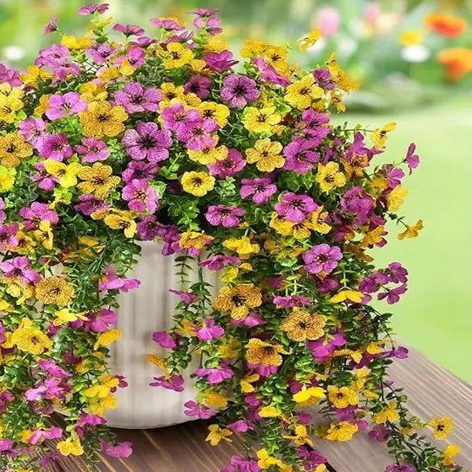 Artificial Faux Hanging Flowers Plants for Outdoor Decor 2 PCS Outside Fake Mums Violets with Eucalyptus UV Resistant Realistic Daisy Trailing Vines for Yard Balcony Porch Decor (Yellow Purple)