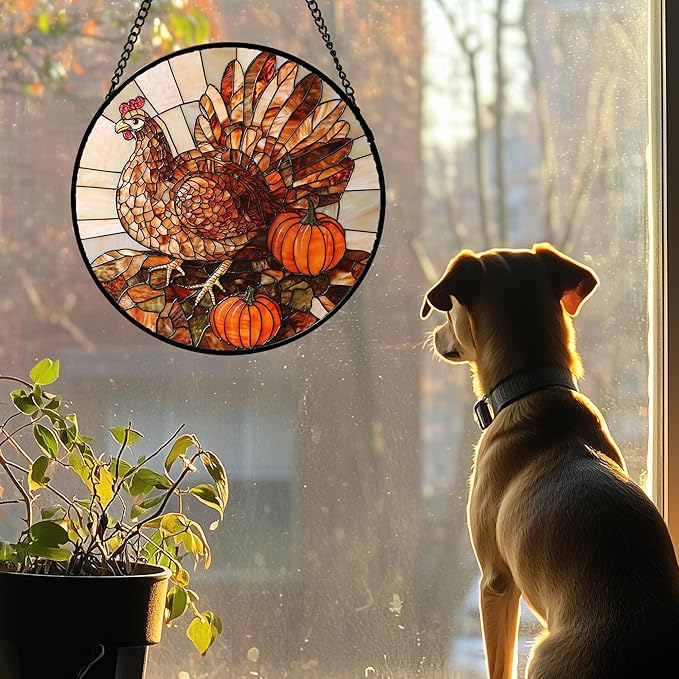 Stained Glass Window Hanging 4 Pcs Set Brown Turkey Berry Corn Large 11.8" - Suncatcher Door Garden Sun Catcher Decor Birthday Thanksgiving Mother's Day for Mom Woman Nana Men