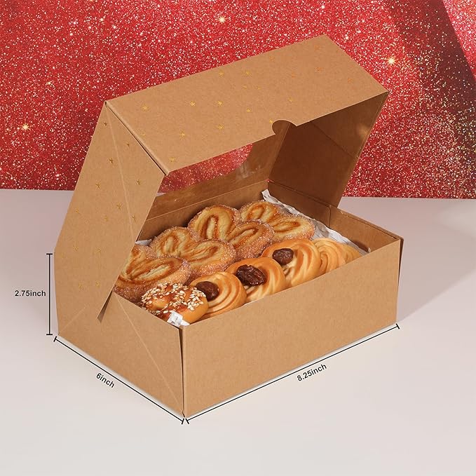 24 Pcs Gold Star Cookie Boxes,Treat Boxes for Dessert 8.25" x 6" x 2.75" with Window, Bakery Brown Pastry Dessert Boxes for Chocolate Strawberries Muffins Donuts and Party Favor