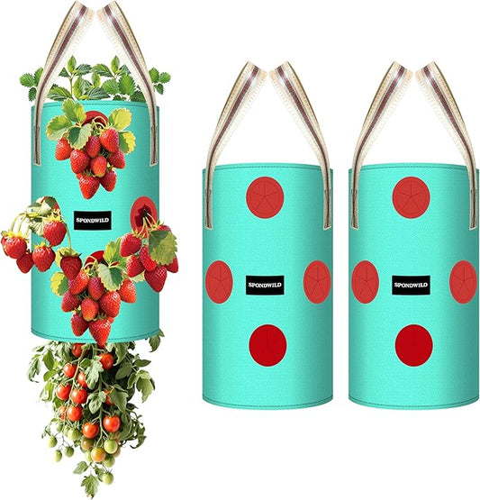 (BFCM Deal 3 Pack 3 Gallon Hanging Strawberry Planter Bags, 12 Holes PE Grow Bags with Bottom Drainage, Reusable Vertical Planters for Small Space Gardening(Green)
