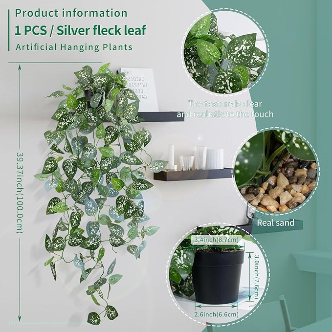 LOYWREE Fake Hanging Plant with Pot, Artificial Potted Fern Plant, 28.7-in Long Faux Hanging Vine Plant for Shelf Home Office Indoor Outdoor Garden Greenery Decor (Black Pot)