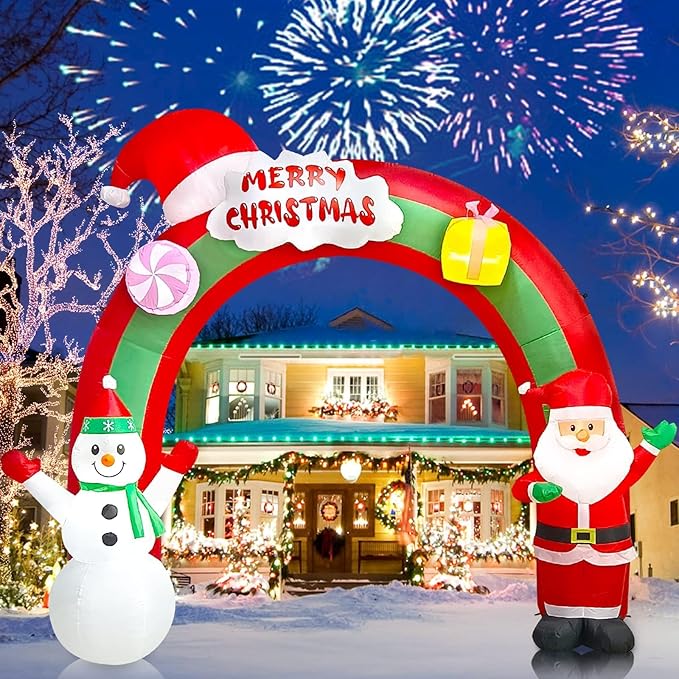 EBANKU 10 FT Christmas Inflatable Santa Claus Snowman Rainbow Archway Decorations with Build-in LEDs, Holiday Inflatables Decorations for Party Indoor, Outdoor, Lawn, Garden Decor