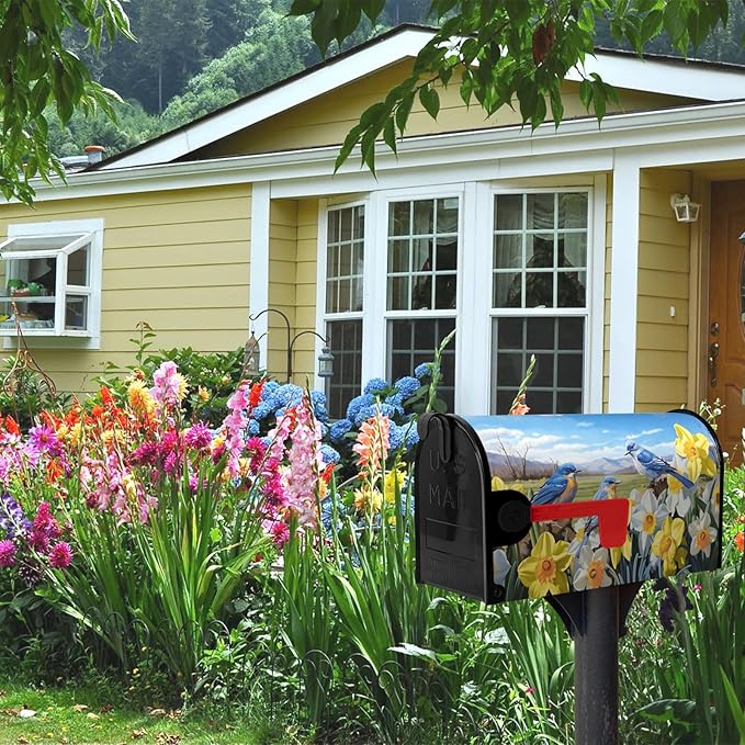 Summer Bluebirds Mailbox Covers Magnetic Spring Summer Daffodil Mail Box Post Letter Cover Bird Flowers Mailbox Wrap Farmhouse Blue Sky Mailbox Cover Standard Size 21x18 Inch
