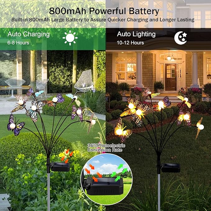 Solar Garden Butterfly Lights, 2 Pack 16 LED Solar Swaying Lights, Swaying in The Wind, Waterproof Firefly Light Outdoor Fairy Light for Garden Patio Yard Pathway Flower Bed Decoration