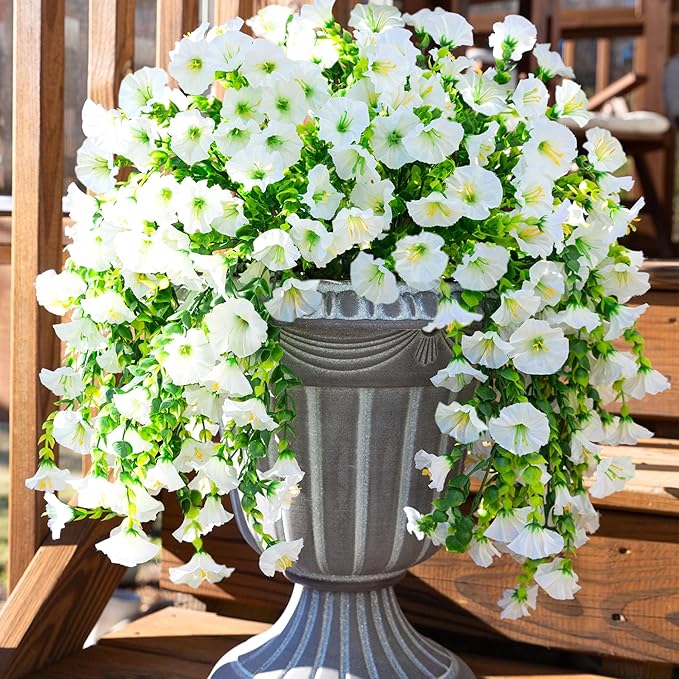 Ivydale 2 PCS Artificial Hanging Flowers Fake Plants for Winter Christmas Outdoor,Faux Silk White Morning Glory with Eucalyptus UV Resistant Realistic Hanging Petunias Vines for Home Garden Decor