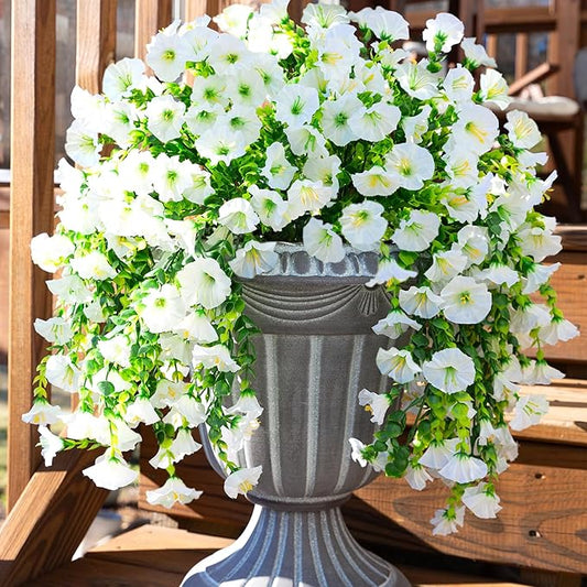 Ivydale 2 PCS Artificial Hanging Flowers Fake Plants for Winter Christmas Outdoor,Faux Silk White Morning Glory with Eucalyptus UV Resistant Realistic Hanging Petunias Vines for Home Garden Decor
