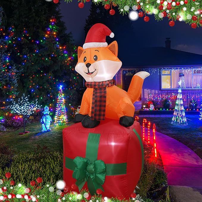 Christmas Inflatables Fox on Giftbox Lighted Yard Lawn Inflatable Decoration with Built-in Fan and Stakes Ropes Holiday Party Decor, Christmas Decor (5FT-Fox on GiftBox)