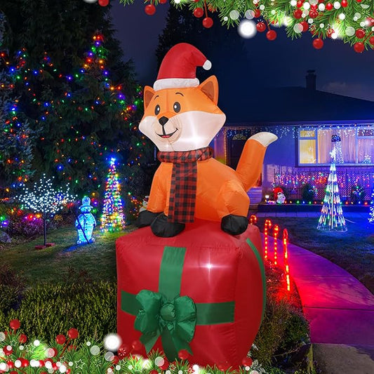 Christmas Inflatables Fox on Giftbox Lighted Yard Lawn Inflatable Decoration with Built-in Fan and Stakes Ropes Holiday Party Decor, Christmas Decor (5FT-Fox on GiftBox)