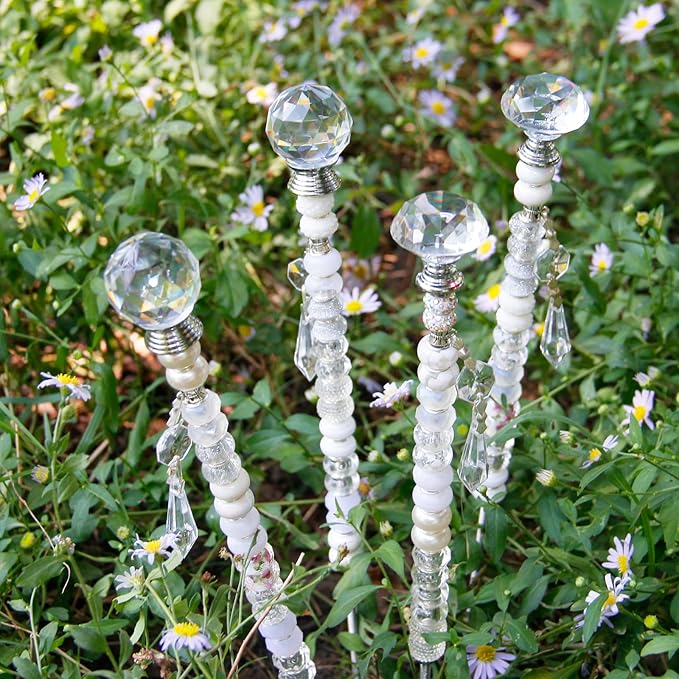 Exway 100 PCS DIY Fairy Wand Beaded Garden Stake Beads Kits with White Large Hole Beads 4 Crystal Stopper Top Threaded Rods and 4 White Sparkling Crystal Pendants for Outdoor Indoor Decor