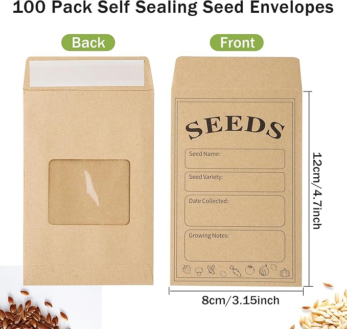 100 PCS Seed Packets Clear Envelopes, Self Sealing Kraft Bags 3.15”x 4.72”, Seed Storage Organizer Mini Envelopes with Preprinted Collecting Template for Flower Vegetable Seed Collection(A style)