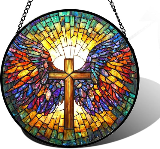 Stained Glass Window Hanging - Jesus Cross Wings Suncatcher Ready to Hang Window Doors Home Decoration and Christmas, Mother's Day Birthday Gifts for Women, Men, and Mom 11.8x11.8 in