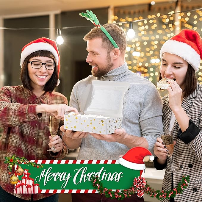 12Pcs 8"x6"x2.5" Christmas Cookie Boxes with Window, White Bakery Boxes for Cookie, Treat Boxes Pastry Boxes for Gift Giving, Chocolate Covered Strawberries, Dessert, Donut, Cupcakes Muffins