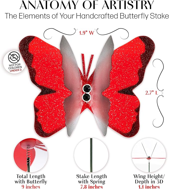 Handmade Red Butterfly Garden Stakes Set of 7 - Decorative Outdoor & Indoor Plant Decor - Nature Lover Gift Idea by Air Aquarium Kushner