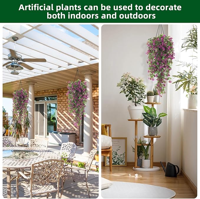 RECUTMS 2Pcs Artificial Hanging Flower Greenery Plants Faux Greenery Artificial Plants for Outdoors Hanging Basket Plastic Home Garden Wedding Party Decorations(Fuchsia)