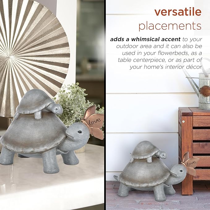Alpine Corporation ZEN906 Mother and Baby Turtles with Love Butterfly Indoor Outdoor Decorative Garden Statue, 14" Long, Gray