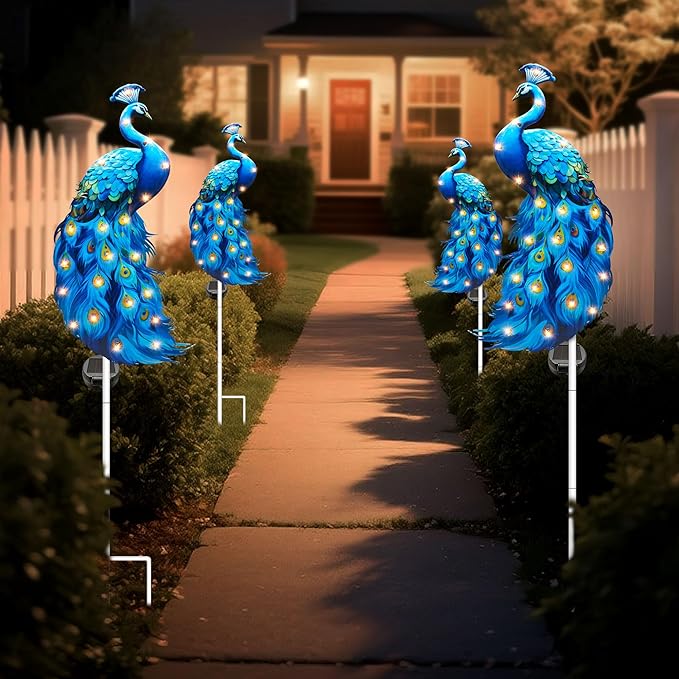 Hexagram Peacock Garden Decor, Peacock Solar Garden Stakes Set of 2, Metal Blue Waterproof Solar Decorative Lights Decorations for Outdoor Outside Yard Lawn Porch Patio Pathway 11.8x6 Inch