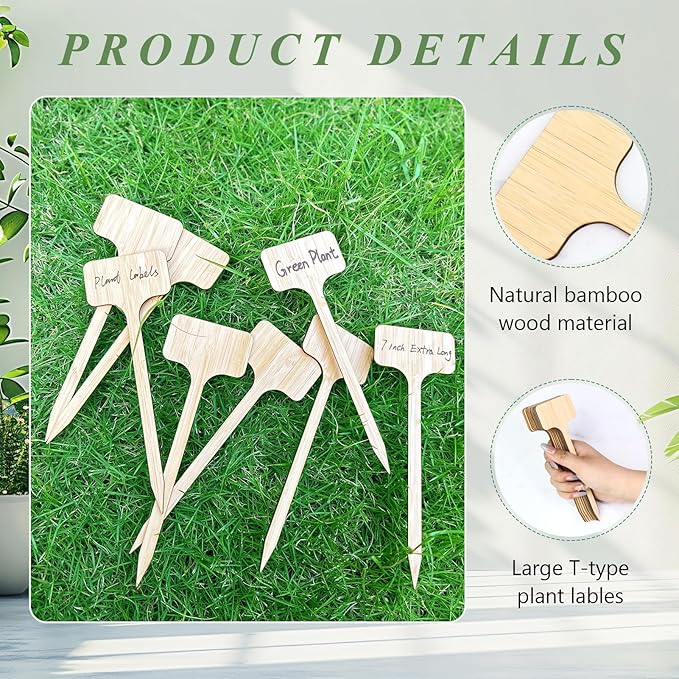 65 Pieces Extra Long Plant Labels, Wooden T-Type Plant Name Tags for Indoor Outdoor Garden Markers, Bamboo Plants Label Stakes for Fruit Herb Seeds Name Stick (7" x 2.28" x 0.07")