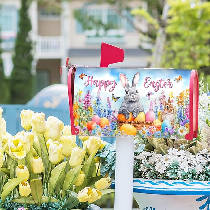 Spring Easter Magnetic Mailbox Cover Bunny Eggs Mailbox Cover Magnetic Standard Size 18 X 21 Inch Butterfly Flowers Mailbox Post Cover Mailbox Wraps Mailbox Decor for Home Garden Outdoor Yard