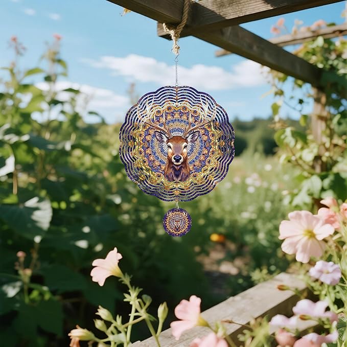 Wind Spinners Outdoor, Purple Brown Elk Deer 3D Stainless Steel Wind Sculpture Spinner for Garden Outside Hanging Decor Mother's Day Christmas Birthday Gifts for Women Men Mom Nana 9.8 in