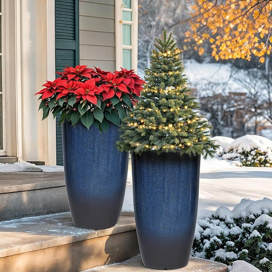 23.8" Large Tall Planters Set of 2 Plant Pot Plastic Flower Pots Outdoor Gradient Cobalt Blue Finish Front Porch Decor Pot Weather-Resistant & Lightweight for Garden, Patio, Deck, Indoor