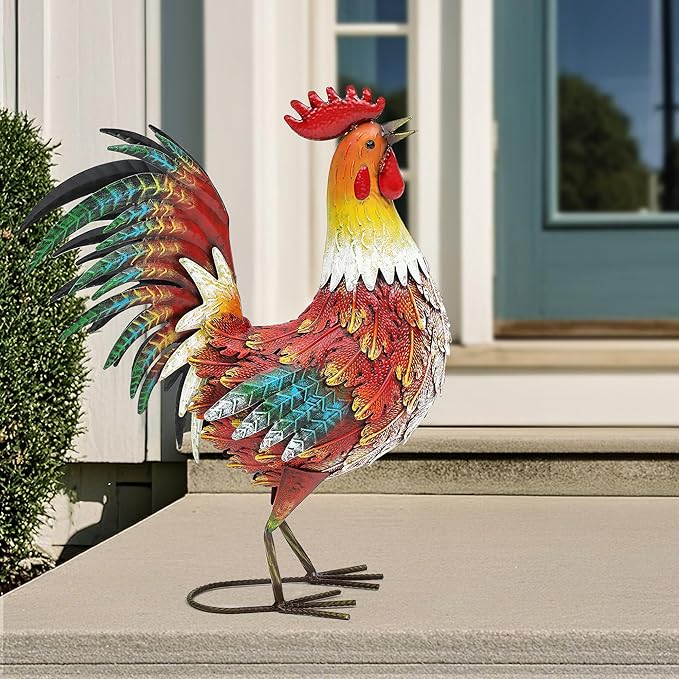 21" Metal Rooster Yard Decor, Outdoor Garden Statues, Metal Chicken Sculpture for Backyard Patio Kitchen Decor
