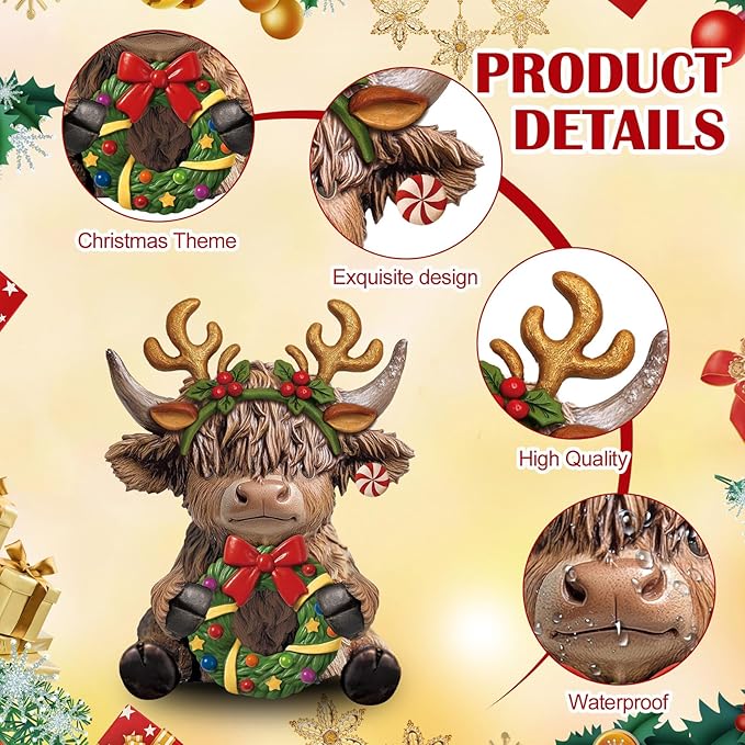 Karenhi 3 Pcs Joy Christmas Highland Cow Figurines Xmas Highland Cow Gnomes Herd Scottish Resin Statue Calf Lovers Gifts for Home Garden Kitchen Office Tiered Tray Table Decor