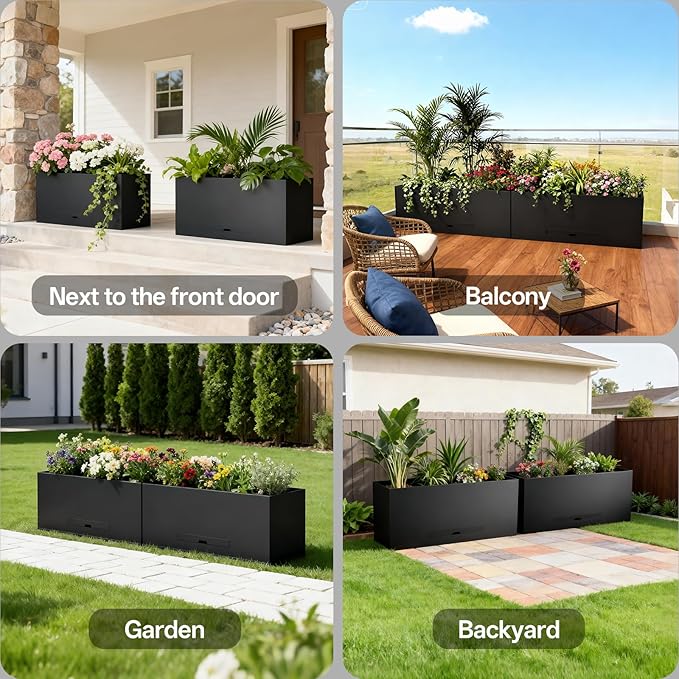 Metal Planter Box 36" x 12"x 16",Heavy-duty Galvanized Steel Outdoor Planter with Removable Built-in shelf and Drainage Holes,Rectangular Planter for Porches, Gardens, Patios, and Courtyards，Black
