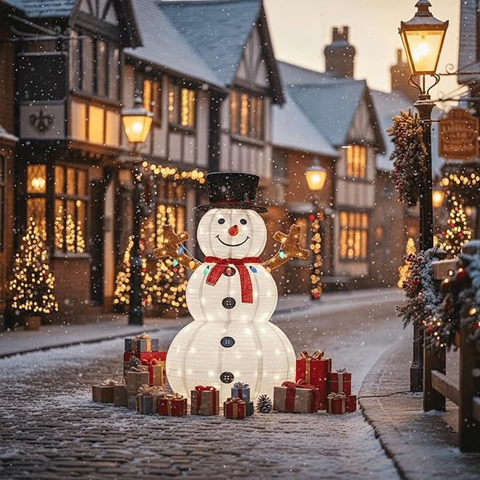 Christmas Decor Snowman, 5 ft Prelit White Christmas Decorations Snowman Ornaments with Magic Hat Multicolored Lights for Christmas Holiday Party Yard, Garden, Porch, Lawn, Red