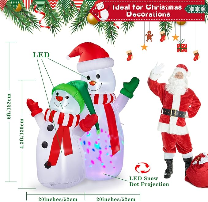 CAMULAND Christmas Decorations, 6FT Blow Up Yard Decorations Outdoor Inflatables Ornaments Snowman with Built-in LED Lights, Large Christmas Decor for Garden Party Indoor