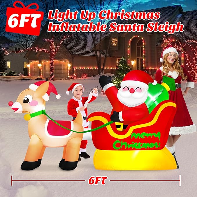 6 FT Long Santa and Reindeer Inflatable Christmas Decorations Outdoor Sleigh, Built-in LED Lights Funny Rein Deer Sled Blow Up Yard Decoration for Winter Vacation Outside Lawn Patio Xmas Indoor Party