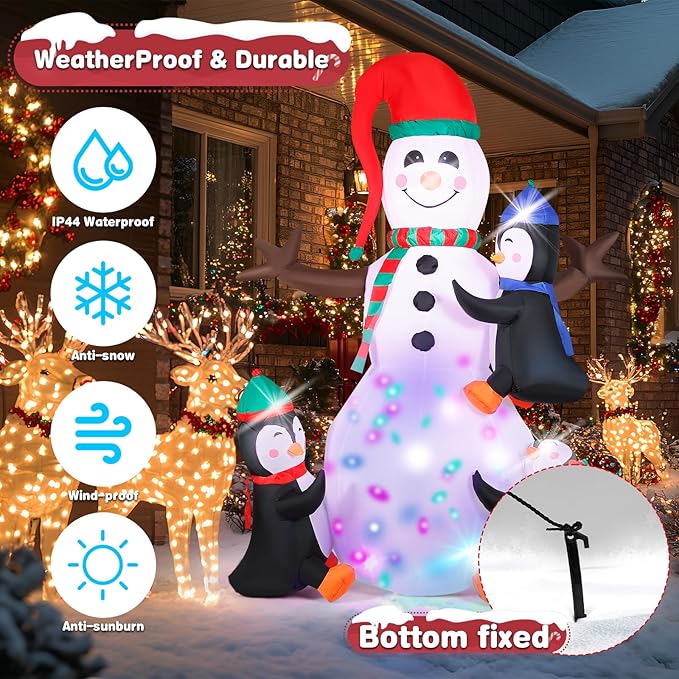 7FT Christmas Inflatable Snowman with 3 Penguins & Multi-Color LED Lights, Blow Up Outdoor Yard Decoration, Animated Winter Holiday Decor for Garden, Lawn, Xmas Party