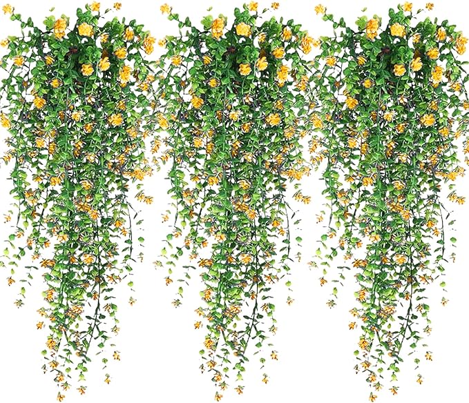 Artificial Hanging Flowers, 3 Pcs Fake Hanging Plants Artificial Vines for Outdoors, Fake Ivy Vine UV Resistant No Fade Faux Plants for Indoor Outside Garden Patio Yard Greenery Decoration (Yellow)