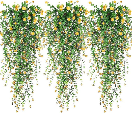 Artificial Hanging Flowers, 3 Pcs Fake Hanging Plants Artificial Vines for Outdoors, Fake Ivy Vine UV Resistant No Fade Faux Plants for Indoor Outside Garden Patio Yard Greenery Decoration (Yellow)