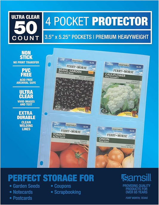 Samsill 50 Pack Heavy Weight 4 Pocket Garden Seeds Storage Clear Sheet Protectors, Seed Organizer, Each Pocket Measures 3.5" x 5.25", Fits in Standard 3 Ring Binder