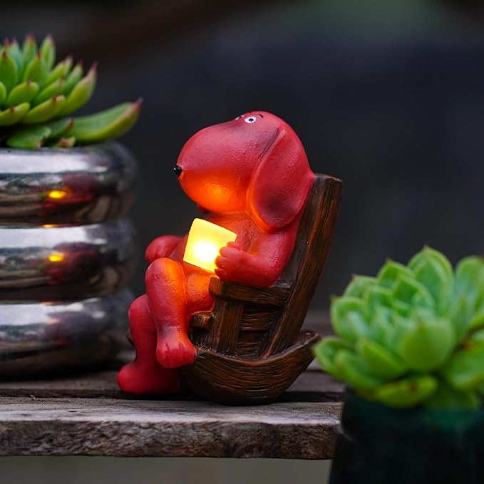 Dog Solar Statue Drinking Coffee Statue Decoration with Solar Light Figurine Ornament for Indoor Outdoor Home Patio Yard Lawn