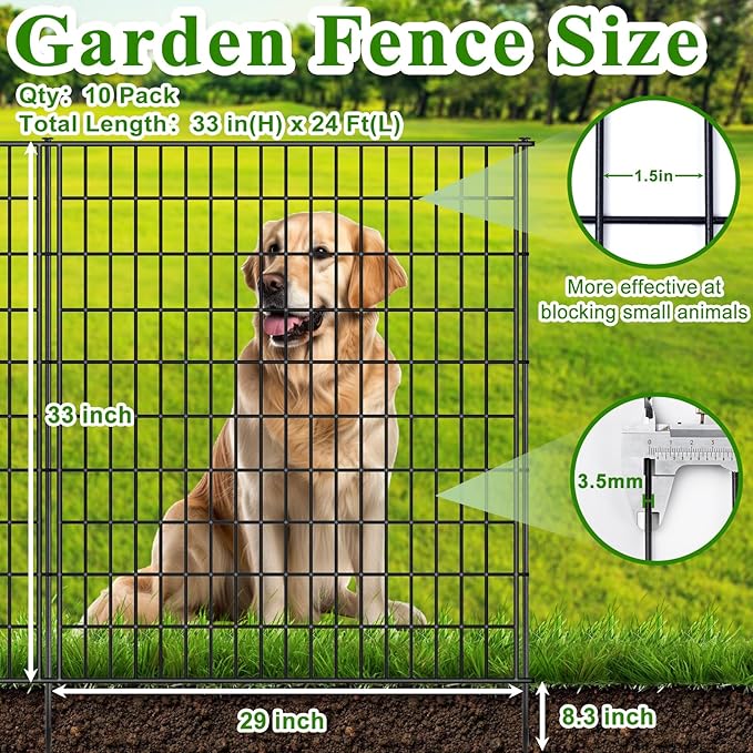 10 Panels Garden Fencing Animal Barrier, 33 in(H) X 24 ft(L) Rabbit Fence for Outdoor Yard No Dig Decorative Tall Garden Fence Metal Wire Rustproof Panel Border Patio Dog Ground Stakes Fencing