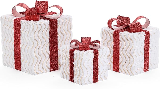 LuxenHome Set of 3 Lighted Gift Boxes, Plug-in Wavy Design with Red Ribbon Bow Boxes for Xmas Holiday Display, Lawn, Porch, Under Tree Indoor, Outdoor Christmas Decoration.