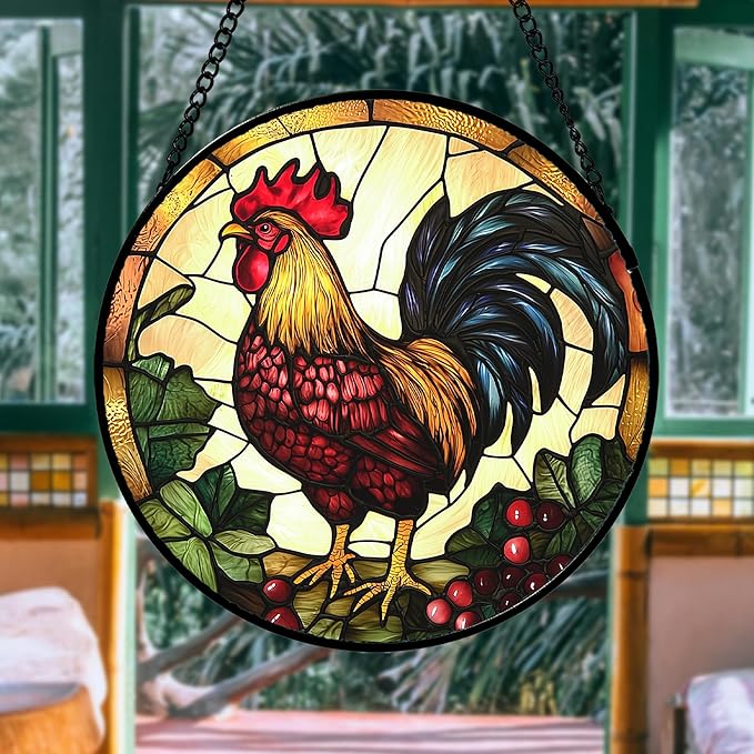 Stained Glass Window Hanging, Colorful Big Cock Sun Catcher for Window Door Home Decor, Chicken Suncatcher Christmas Mother's Day Birthday Gifts for Women Men Mom and Nana 7.8 in