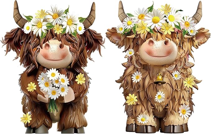 2 Pcs Highland Cow Figurines Daisy Flower Highland Cow Gnomes Decor Resin Statue Calf Lovers Gifts for Farmhouse Home Garden Kitchen Office Tiered Tray Table Decor
