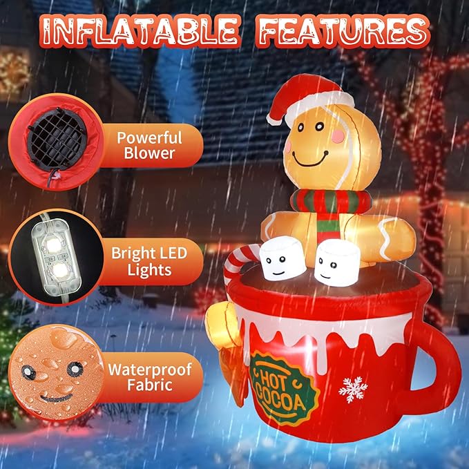 Gardentime 6FT Christmas Gingerbread Man Inflatables Outdoor Decoration Hot Cocoa Cup Cute Giant Xmas Blowups with Built-in LED Lights for Holiday Indoor Yard Lawn Garden Outside Home Décor