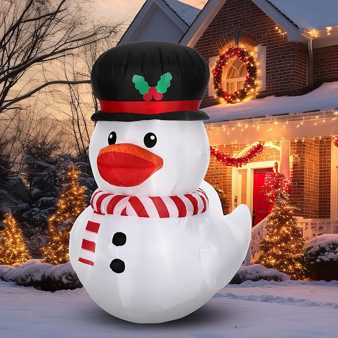 Leyndo 5FT Christmas Inflatables Decoration Outdoor Inflatables Duck with Build-in LEDs Lights Giant Blow Up Duck Wear Snowman Costume for Mall Garden Patio Lawn Indoor Party