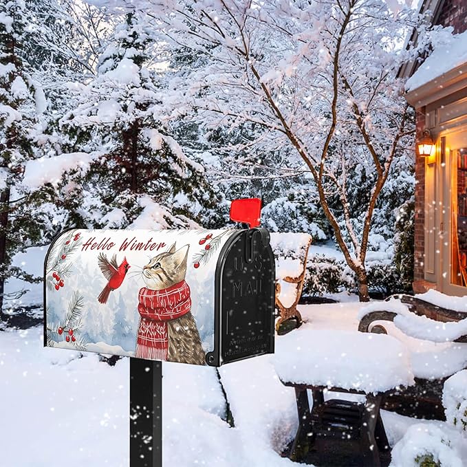 Hello Winter Cat Mailbox Cover Cardinal Bird Mailbox Covers Magnetic Snow Snowflake Post Letter Box Cover Standard Size 21x18 inch for Garden Outdoor Yard Decor