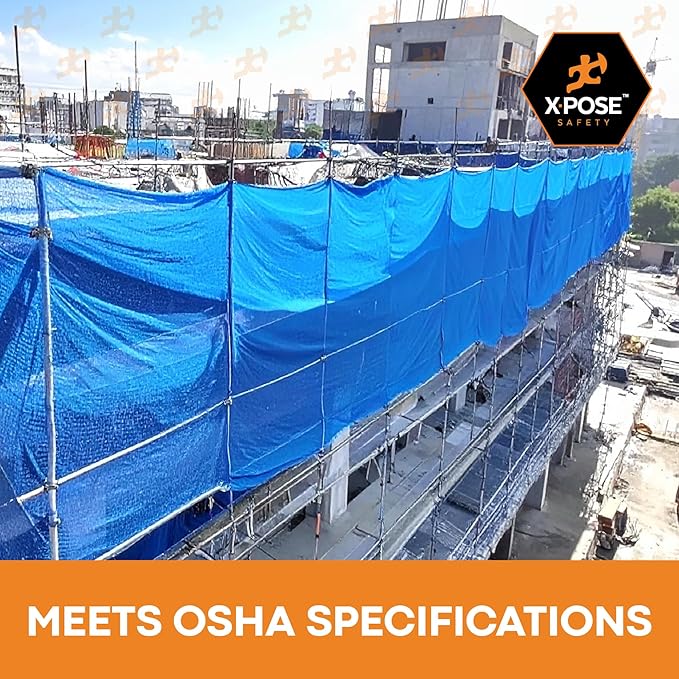 Xpose Safety Construction Safety Debris Netting - 150 Ft Temporary Material Roll, 1/4" Mesh Scaffold Net Enclosure, Visibility Barrier, Fencing Roll, Heavy Duty Fire Retardant 5.5 ft x 150 ft, Blue