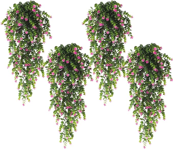 RECUTMS 4Pcs Fake Eucalyptus Leaves with Flowers Plastic Ivy Greenery Leaf Artificial Hanging Plants for Home Garden Wall Bedroom Office Wedding Decor Fuchsia