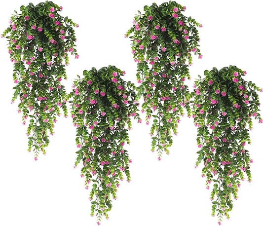 RECUTMS 4Pcs Fake Eucalyptus Leaves with Flowers Plastic Ivy Greenery Leaf Artificial Hanging Plants for Home Garden Wall Bedroom Office Wedding Decor Fuchsia