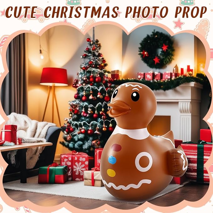 Hungdao 1 Pcs 4 Feet PVC Christmas Giant Inflatable Gingerbread Duck Huge Rubber Large Blow up Duck Christmas Pool Floats for Xmas Holiday Indoor Outdoor Pool Decorations